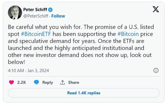 Peter Schiff เชื่อว่า Spot Bitcoin ETF จะทำให้ราคา BTC พังทลาย หากความต้องการของสถาบันไม่เกิดขึ้นตามที่หวัง