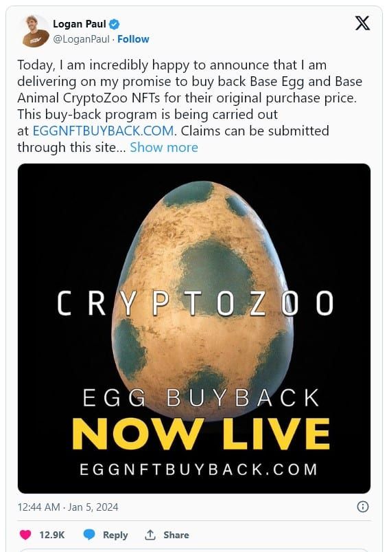 Logan Paul ประกาศคืนเงินให้กับนักลงทุน CryptoZoo NFT ด้วยการ ‘Buy Back’