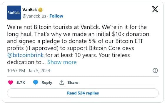VanEck ประกาศจะแบ่งกำไร 5% ของ Spot Bitcoin ETF ให้กับนักพัฒนาหลักของ Bitcoin