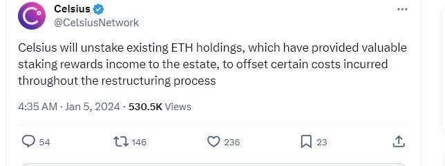 Celsius เตรียม UnStake ETH ที่มีอยู่ เพื่อชดเชยเงินทุนให้แก่เจ้าหนี้