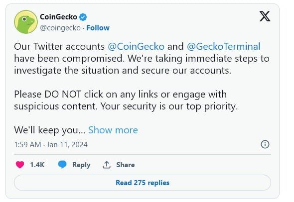 บัญชี X ของ CoinGecko ถูกแฮ็กในช่วงสั้น ๆ พร้อมโพสลิงก์ฟิชชิ่ง ก่อนจะโดนลบไป
