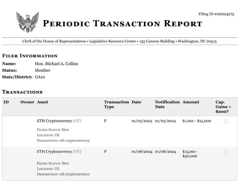 Mike Collins ส.ส.สหรัฐฯ รายงานการซื้อ Ether มูลค่า 2.2 ล้านบาท ในปี 2024