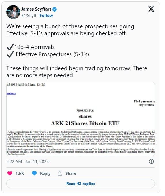Spot Bitcoin ETF 'จะเริ่มซื้อขายได้ในวันพรุ่งนี้' - นักวิเคราะห์ของ Bloomberg รายงาน