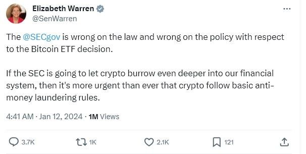 ส.ว. Elizabeth Warren ไม่พอใจ หลัง SEC อนุมัติ Spot BTC ETF สั่งเร่งนำกฎป้องกันการฟอกเงินมาใช้กับ Crypto โดยด่วน