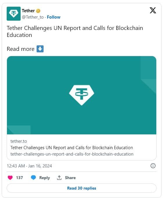 Tether สวนกลับรายงานของ สหประชาชาติ หลังอ้างถึง 'กิจกรรมที่ผิดกฎหมาย' ของ USDT