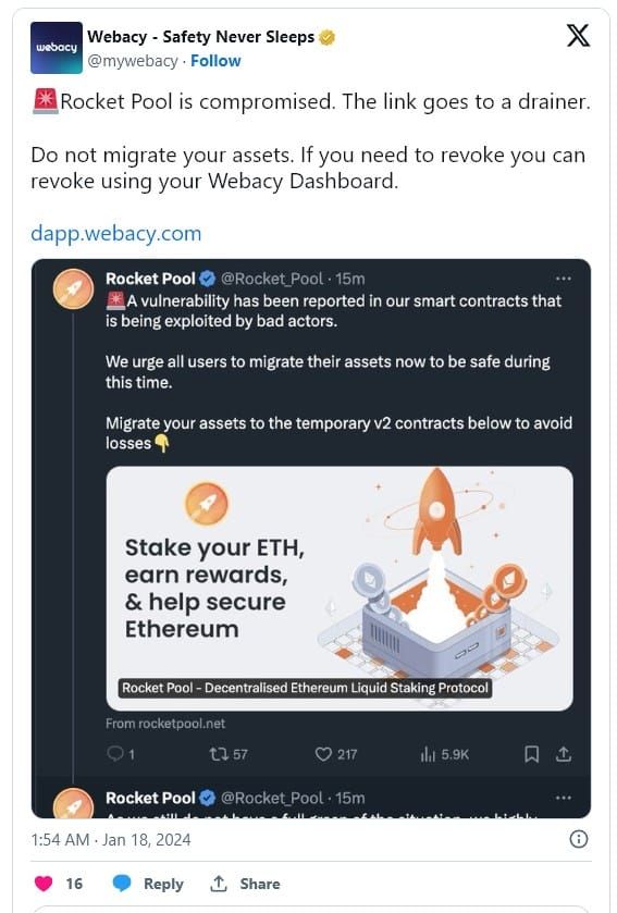บัญชี X ของ Rocket Pool ถูกแฮ็ก พร้อมโพสหลอกว่า Smart Contract มีช่องโหว่