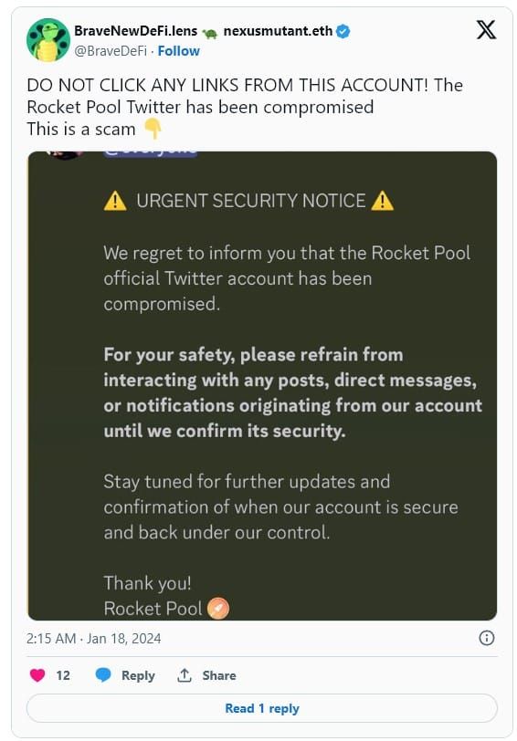 บัญชี X ของ Rocket Pool ถูกแฮ็ก พร้อมโพสหลอกว่า Smart Contract มีช่องโหว่
