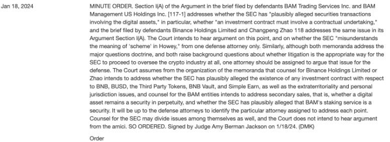 ผู้พิพากษาในคดี SEC vs Binance เปิดรับฟังข้อโต้แย้งจากฝ่ายจำเลยว่า Crypto เป็นหลักทรัพย์หรือไม่