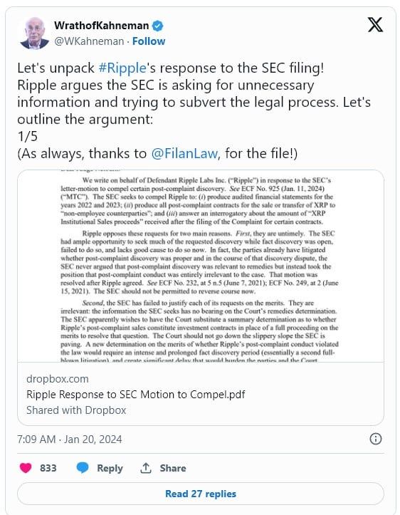 ทนายความ Ripple โต้แย้งศาลว่า คำขอของ SEC ที่จะขอตรวจงบการเงินเพิ่มเติมนั้น "มากเกินไปแล้ว"