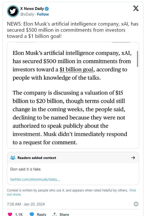 Elon Musk ปฏิเสธการลงทุนกว่า 17,700 ล้านบาท ใน xAI ท่ามกลางการเจรจาประเมินมูลค่า