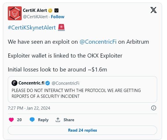 Concentric ถูกโจมตีบน Arbitrum เสียหาย 64 ล้านบาท