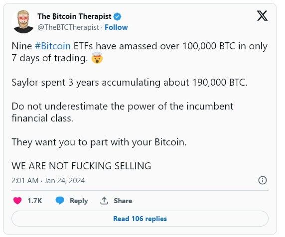 Spot Bitcoin ETF ทั้ง 9 รายการ ซื้อรวมกันกว่า 100,000 BTC ใน 7 วันหลังจากเปิดตัว