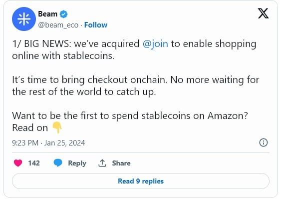 Beam Wallet บน Optimism เข้าซื้อกิจการ Join แอปช้อปปิ้ง Web3 พร้อมรองรับการใช้จ่ายบน Amazon และ Shopify