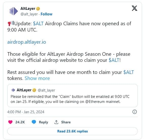 ฤดูกาล Airdrop!! หลัง AltLayer ผ่านไป เตรียมตามมาอีกหลายโปรโตคอลในอีกไม่กี่วันข้างหน้า