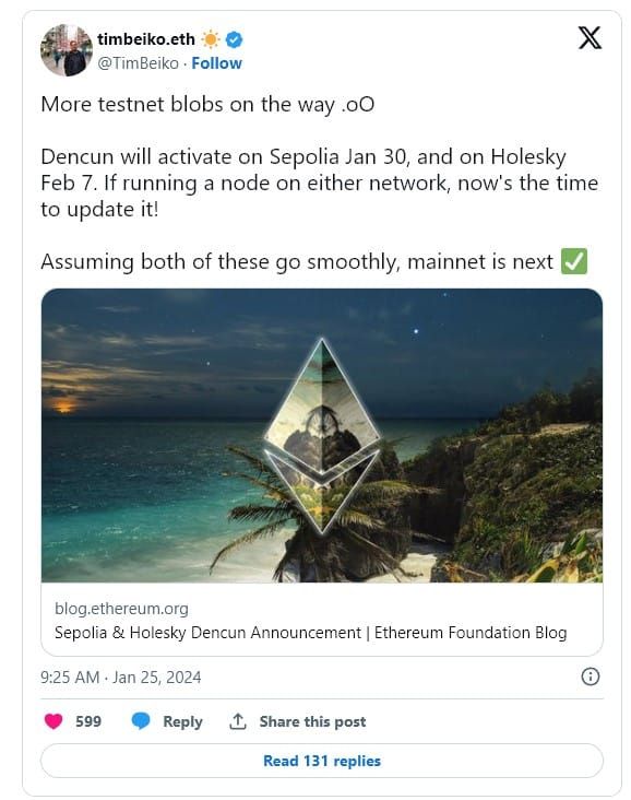 นักพัฒนา Ethereum เผยวันอัปเกรด Testnet 'Dencun' ครั้งสุดท้าย คือวันที่ 30 มกราคมและ 7 กุมภาพันธ์นี้