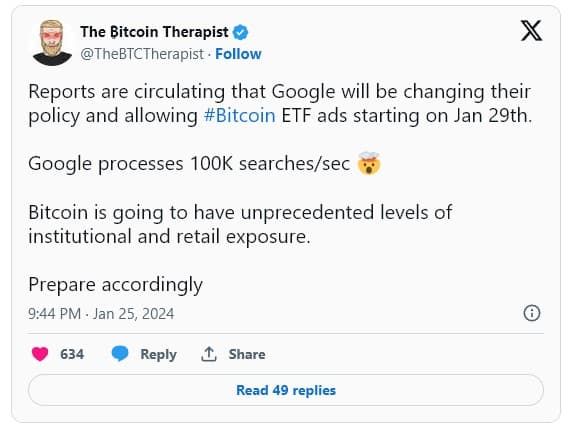 โฆษณา Bitcoin ETF อาจปรากฏบน Google ตั้งแต่วันจันทร์นี้เป็นต้นไป