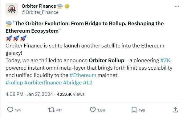 Orbiter Finance เปิดตัว Orbiter Rollup เครือข่าย Ethereum เลเยอร์ 2 ของตนเอง