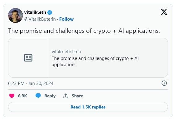 Vitalik Buterin เตือนนักพัฒนาให้ "ระวัง" เมื่อรวม AI เข้ากับเทคโนโลยีบล็อกเชน