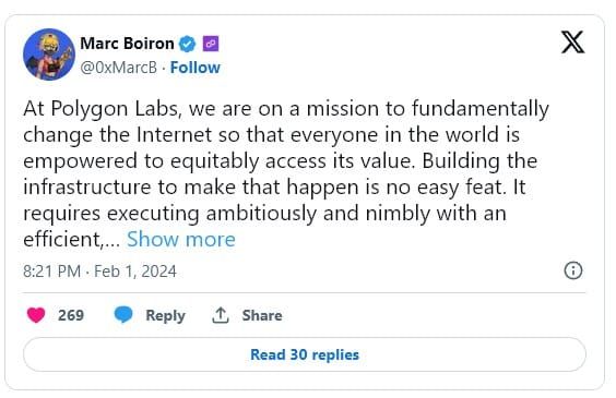 ซีอีโอ Polygon Labs ประกาศลดพนักงานลง 60 คน “เพื่อเพิ่มประสิทธิภาพ” ยืนยันไม่ใช่ปัญหาเรื่องเงิน