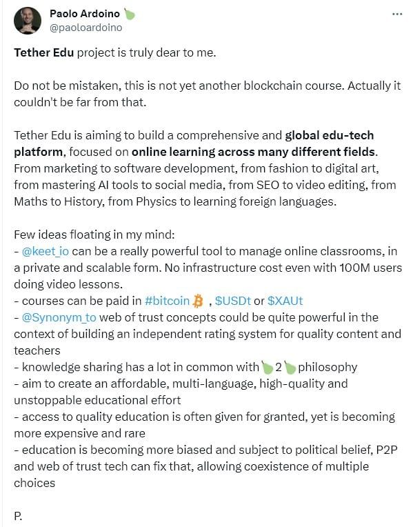 Tether เปิดตัว "Tether Edu" หน่วยงานด้านการศึกษา เพื่อพัฒนาทักษะในเทคโนโลยีบล็อกเชนและสาขาดิจิทัลอื่น ๆ