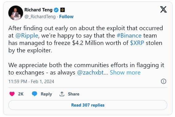 Binance ระงับ XRP มูลค่า 148 ล้านบาท จากการแฮ็กกระเป๋าเงินส่วนตัวของผู้ร่วมก่อตั้ง Ripple