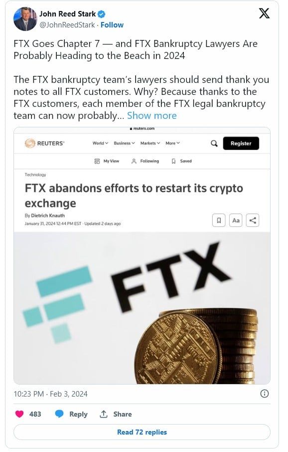 อดีตเจ้าหน้าที่ SEC เชื่อว่า แผนปรับโครงสร้างของ FTX เป็นเพียงช่องทางฟันกำไรของทีมกฎหมายจากกระบวนการล้มละลาย