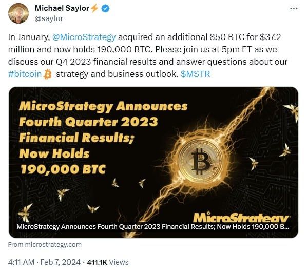 MicroStrategy ซื้ออีก 850 Bitcoin มูลค่า 1,323 ล้านบาท ในเดือนมกราคม รวมถือครองทั้งหมด 190,000 Bitcoin