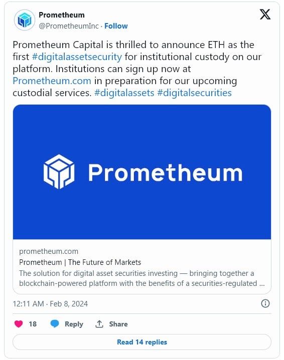 Prometheum ประกาศว่า Ether คือ 'หลักทรัพย์สินทรัพย์ดิจิทัล' พร้อมเปิดตัวบริการ Custody