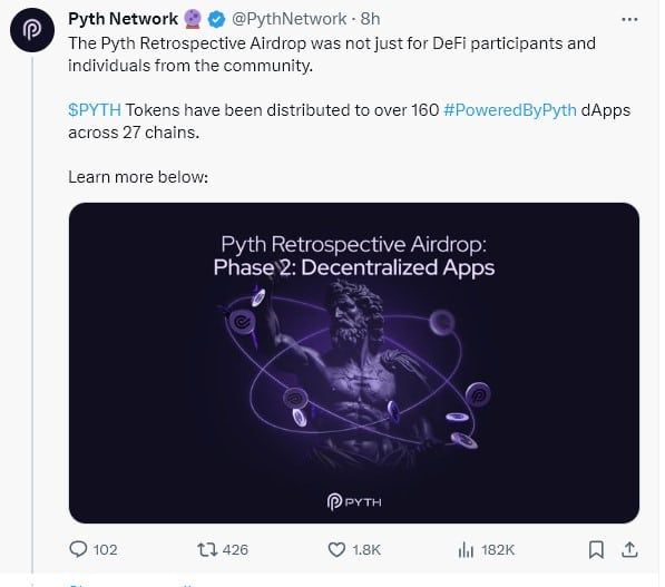 Pyth Network เปิดตัว Airdrop โทเค็นเฟสที่สองสำหรับ DApps มากกว่า 160 รายการ