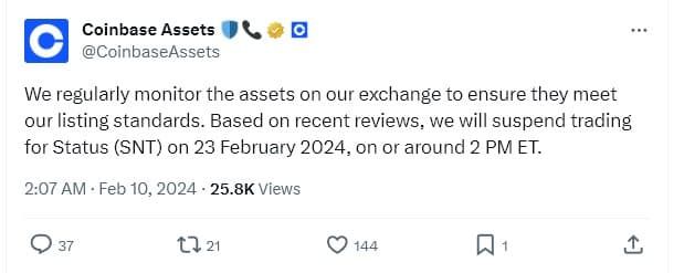 Coinbase ประกาศการเพิกถอน Status (SNT) ผลจากไม่เป็นไปตามมาตรฐานการจดทะเบียน