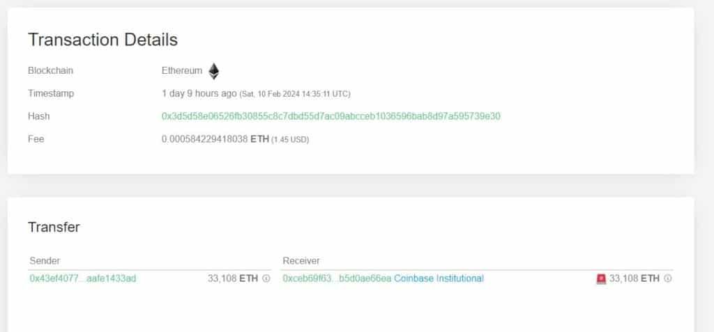 พบกระเป๋าเงินลึกลับ โอน 33,108 ETH มูลค่าเกือบ 3 พันล้านบาท ไปยัง Coinbase Institutional