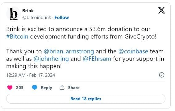 Coinbase บริจาคเงิน 128 ล้านบาท ให้กับนักพัฒนา Bitcoin ผ่านทาง Brink