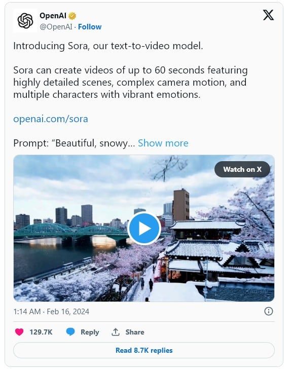 OpenAI เปิดตัว "Sora" เครื่องมือแปลงข้อความเป็นวิดีโอที่สมจริงที่สุด