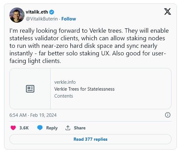 ผู้ที่ Solo Stake Ether จะได้รับประโยชน์ที่เหนือกว่าจากการใช้งาน Verkle tree ตามข้อมูลของ Vitalik Buterin