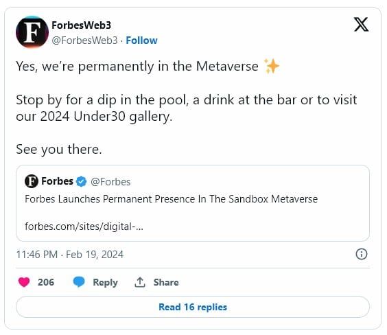 นิตยสาร Forbes เปิดตัว Metaverse และพร้อมให้สาธารณชนเข้าชมได้แล้วใน The Sandbox
