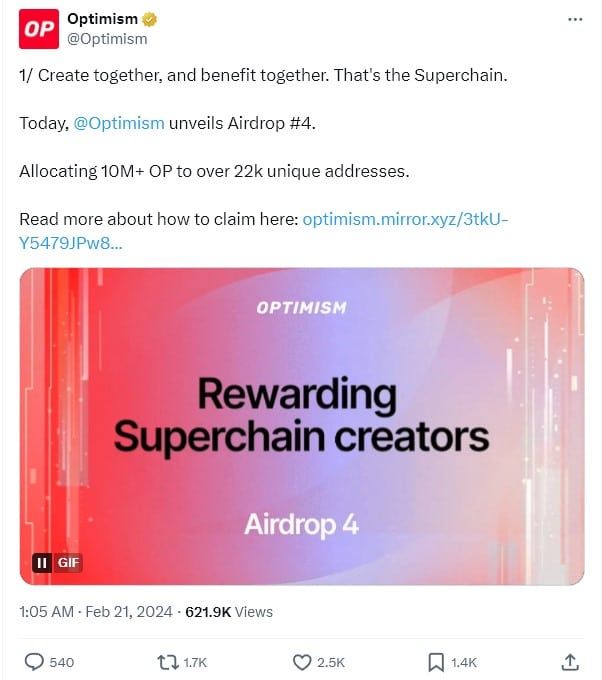 Optimism ประกาศแจก Airdrop ครั้งที่ 4 กว่า 10 ล้าน OP โดยมุ่งไปที่การให้รางวัลแก่ศิลปิน Web3