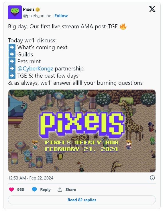 Pixels เกม Web3 มีมูลค่า 2.7 พันล้านดอลลาร์ หลังจากย้ายไปยัง Ronin