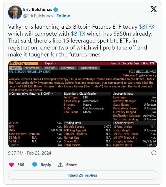 Valkyrie เปิดตัวกองทุน Bitcoin Futures ที่มีเลเวอเรจ 2 เท่า