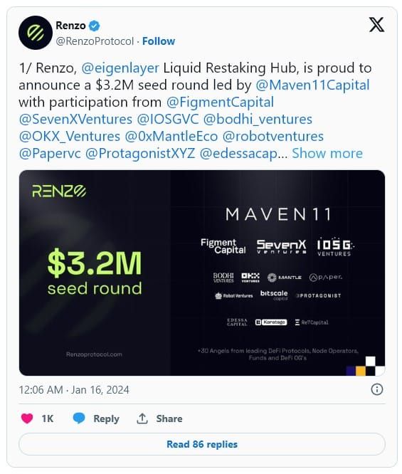 Binance Labs ประกาศลงทุนใน Renzo ผู้ให้บริการ Liquid Restaking ของ EigenLayer