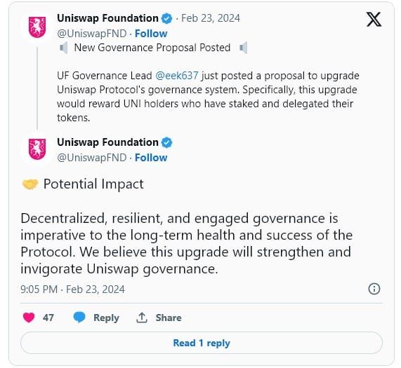 ราคา Uniswap (UNI) พุ่ง 50% หลังเตรียมอัปเกรดระบบการกำกับดูแลของโปรโตคอล