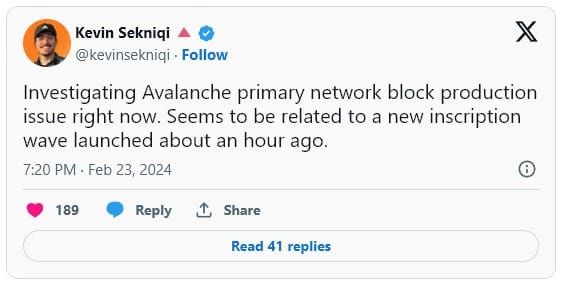 Avalanche ประสบปัญหาหยุดผลิตบล็อกนานกว่า 4 ชั่วโมง เชื่อปัญหาอาจเกิดจากการเปิดตัว "inscription"