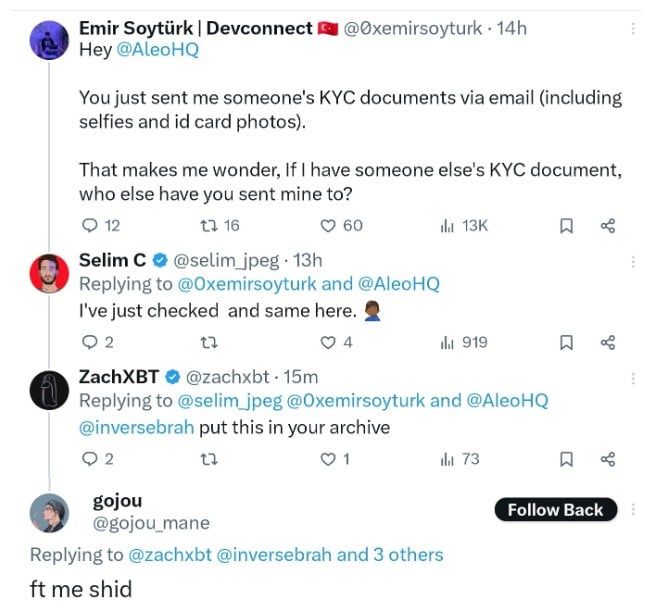 ผู้ใช้แพลตฟอร์ม Aleo บางส่วน "กังวล" หลังจากเอกสาร KYC รั่วไหล