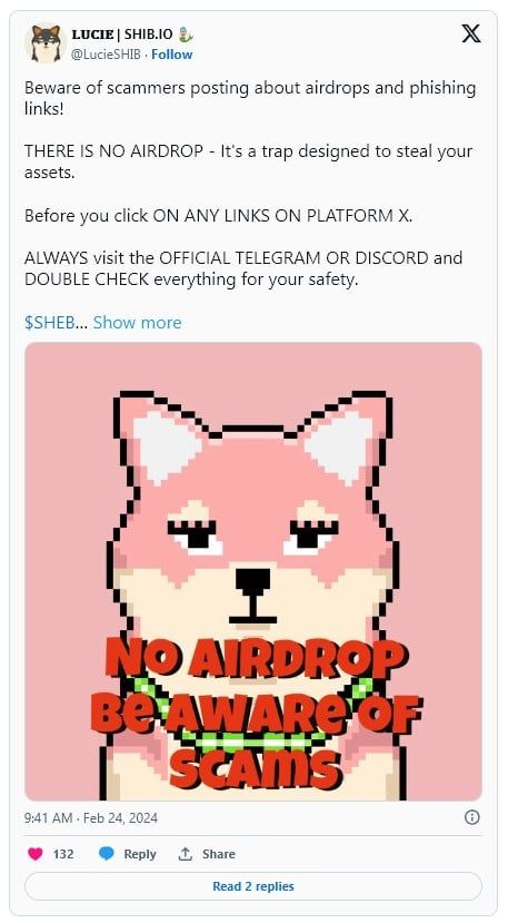ทีมงาน Shiba Inu ยืนยันว่าไม่มีการแจก Airdrop ใด ๆ ทั้งสิ้น พร้อมเตือนระวัง Scam ที่กำลังระบาดหนัก