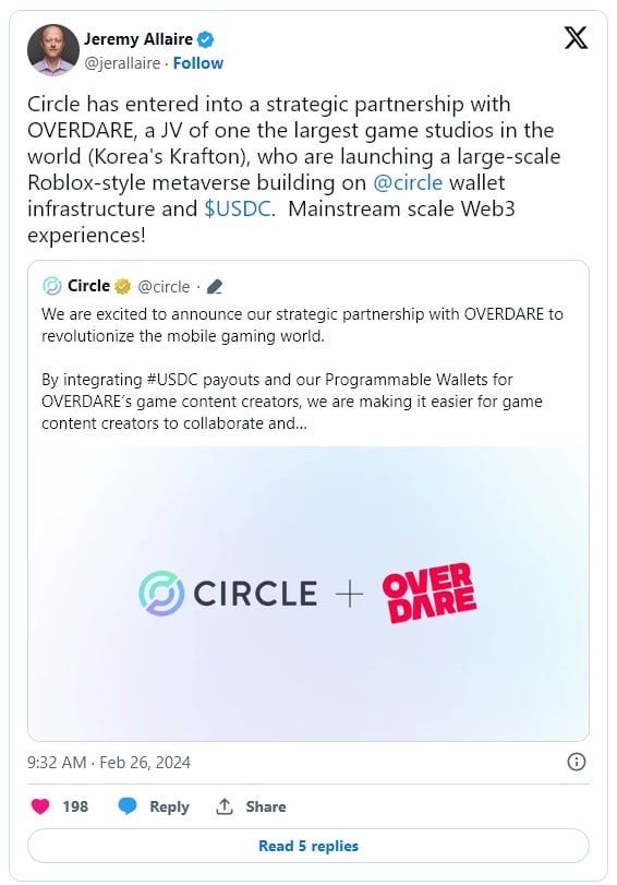 Circle ร่วมมือกับ Krafton ผู้สร้าง PUBG และ Naver Z เปิดตัวเกม NFT “Overdare”