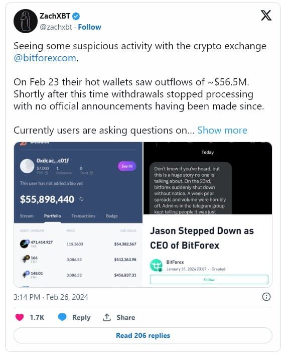 เอาแล้วไง! เว็บเทรด BitForex หยุดการถอนเงิน และพบเงินกว่า 2,000 ล้านบาท ถอนออกจากกระเป๋าของเว็บเทรด