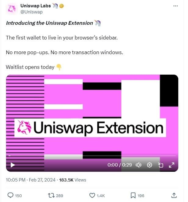 Uniswap เปิดตัว "Uniswap Extension" ฟีเจอร์ใหม่เพิ่มความสะดวกในการจัดการธุรกรรมโดยตรงจากแถบด้านข้างของเบราว์เซอร์