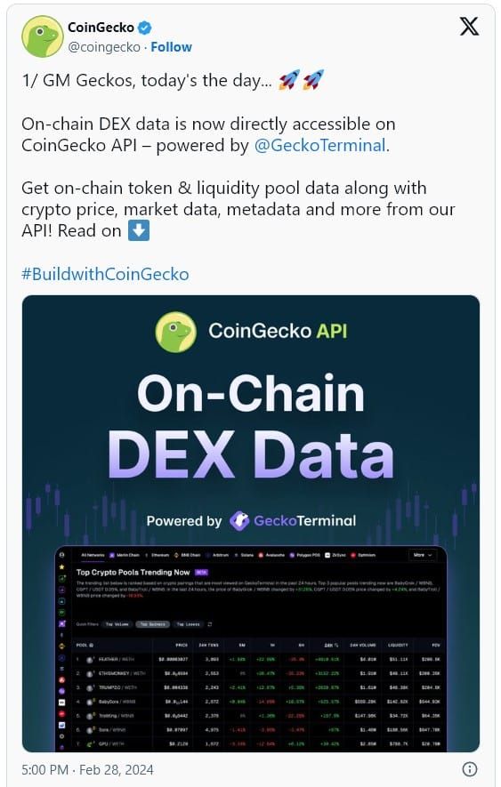 CoinGecko เปิดตัวฟีเจอร์ใหม่ ที่จะช่วยให้เข้าถึงข้อมูล On-chain ของ DEX ได้ง่ายขึ้น
