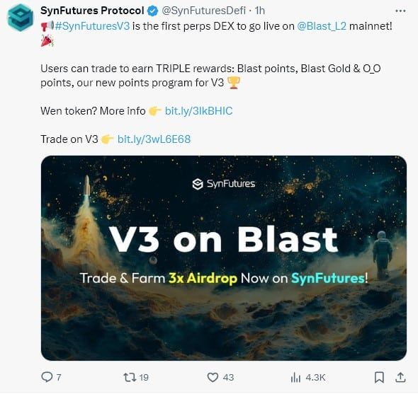 SynFutures เปิดตัว V3 บน Blast mainnet และอาจมีการเปิดตัวโทเค็นในปีนี้