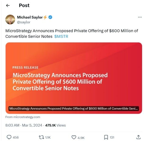 ยังไม่พอ!!! MicroStrategy เตรียมระดมทุน 21,450 ล้านบาท ผ่านหุ้นกู้แปลงสภาพ เพื่อหาเงินซื้อ Bitcoin เพิ่ม