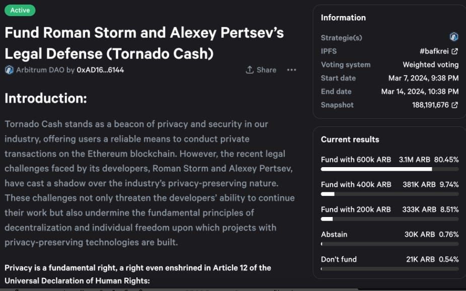 Arbitrum DAO ลบข้อเสนอ ที่จะสนับสนุนค่าใช้จ่ายต่อสู้ทางกฎหมายแก่ผู้พัฒนา Tornado Cash แล้ว
